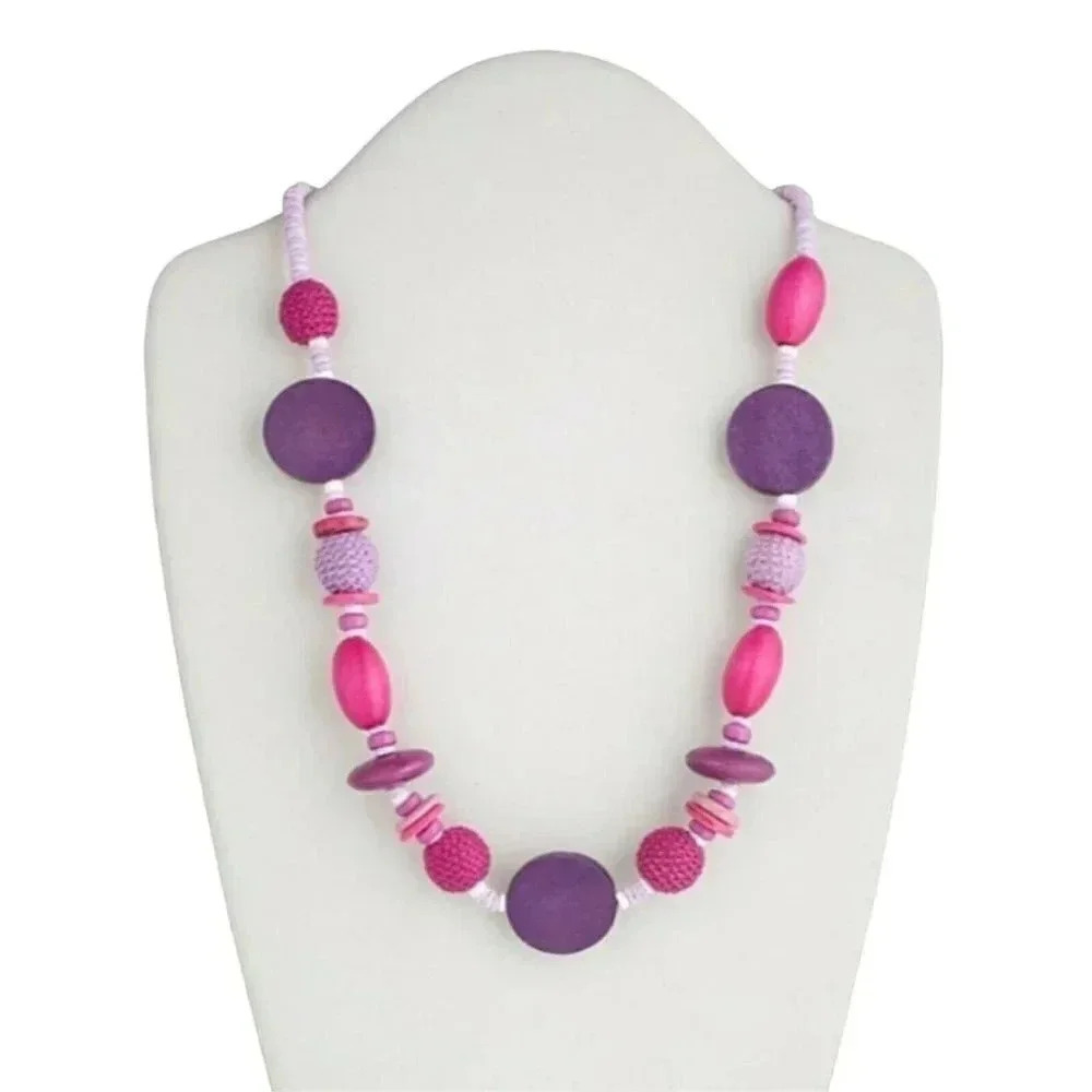 Handmade Pink Purple Ethnic Wood Clam Shell Long Necklace